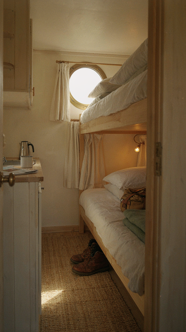 Two bunk beds with privacy curtains inside a camper trailer.