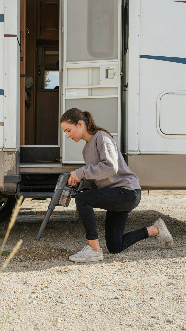 A person vacuuming dirt from the entrance of an RV with a small vacuum.