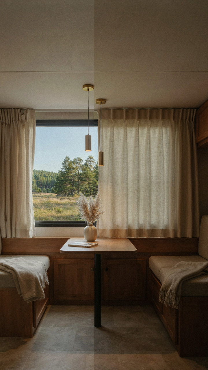 RV curtains open to a wide view, making the space feel larger.