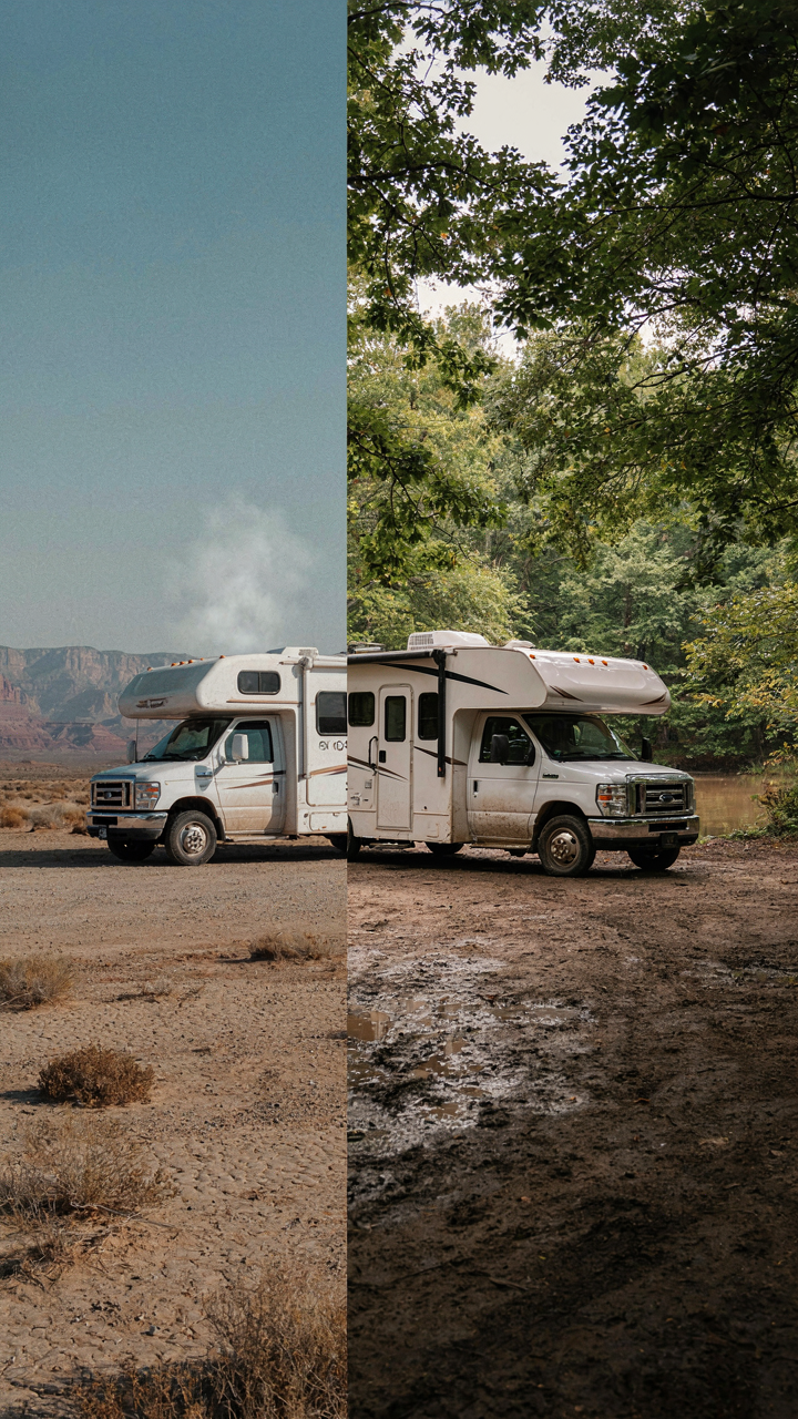 An RV in two different settings, one dusty and one muddy.