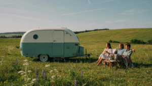A restored vintage camper with fresh two-tone camper exterior paint sits in a sunny meadow.