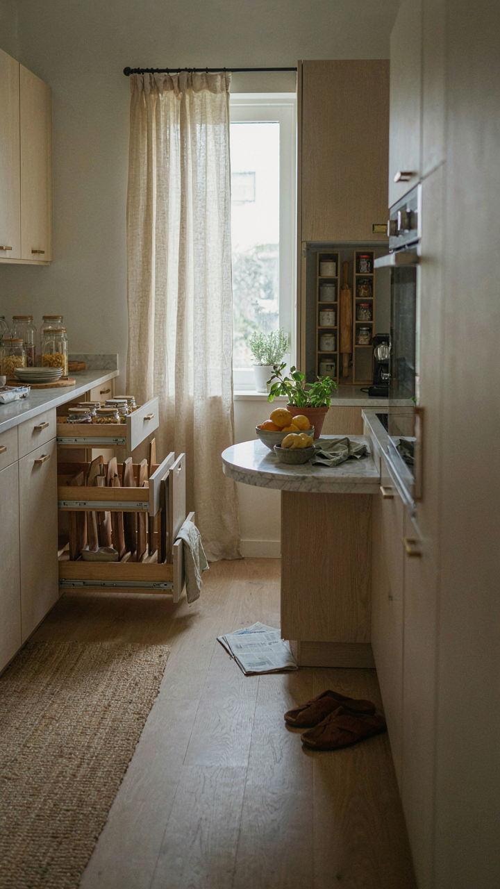 A cleverly organized small kitchen with pull-out storage.
