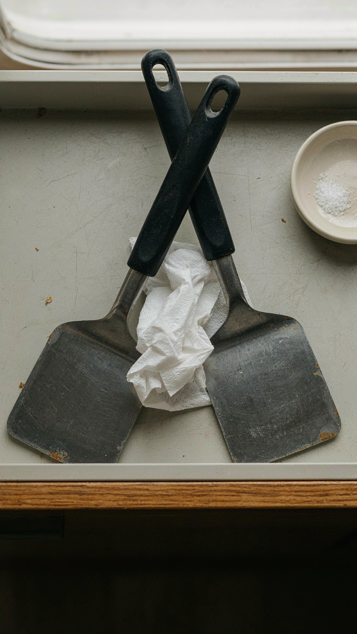 Two identical spatulas crammed into a small RV kitchen drawer, showing duplicates.