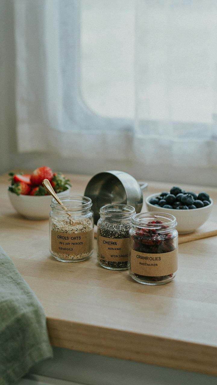 Pre-portioned ingredients in small containers on an RV kitchen counter.