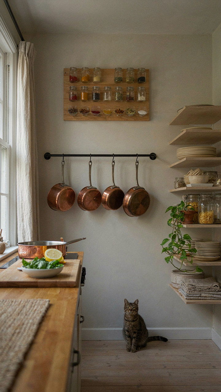 A small kitchen with wall storage for spices and pots.