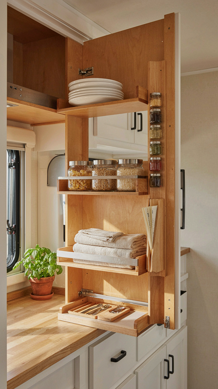 An RV kitchen cabinet with adjustable shelves maximizing storage space.