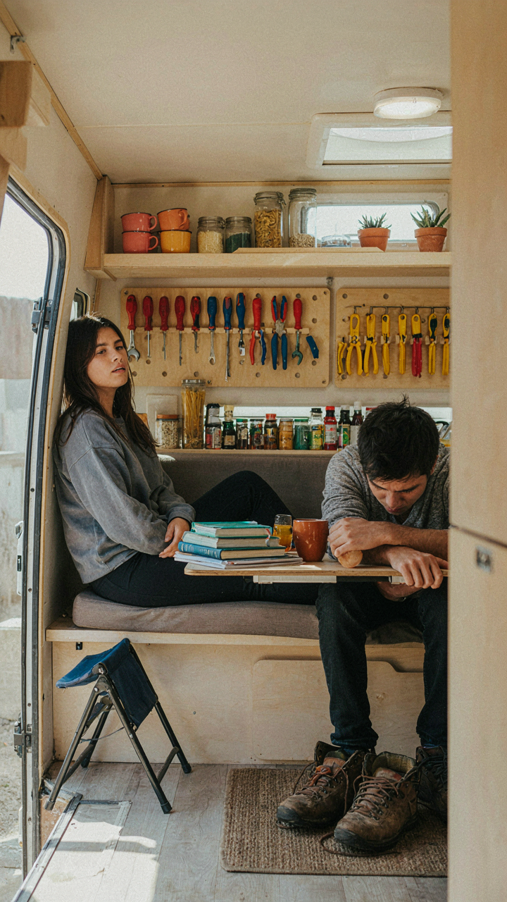 An exhausted couple looks at their perfectly organized tiny camper.