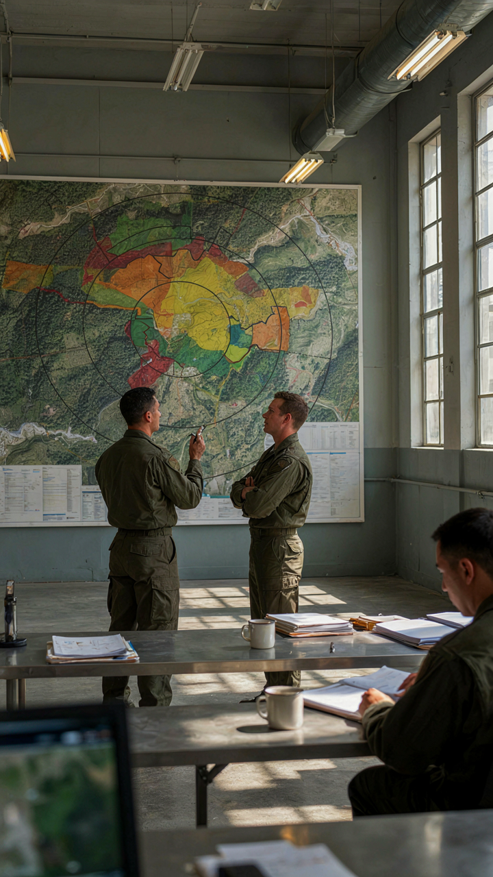 A military command center shows maps with clear strategic zones.