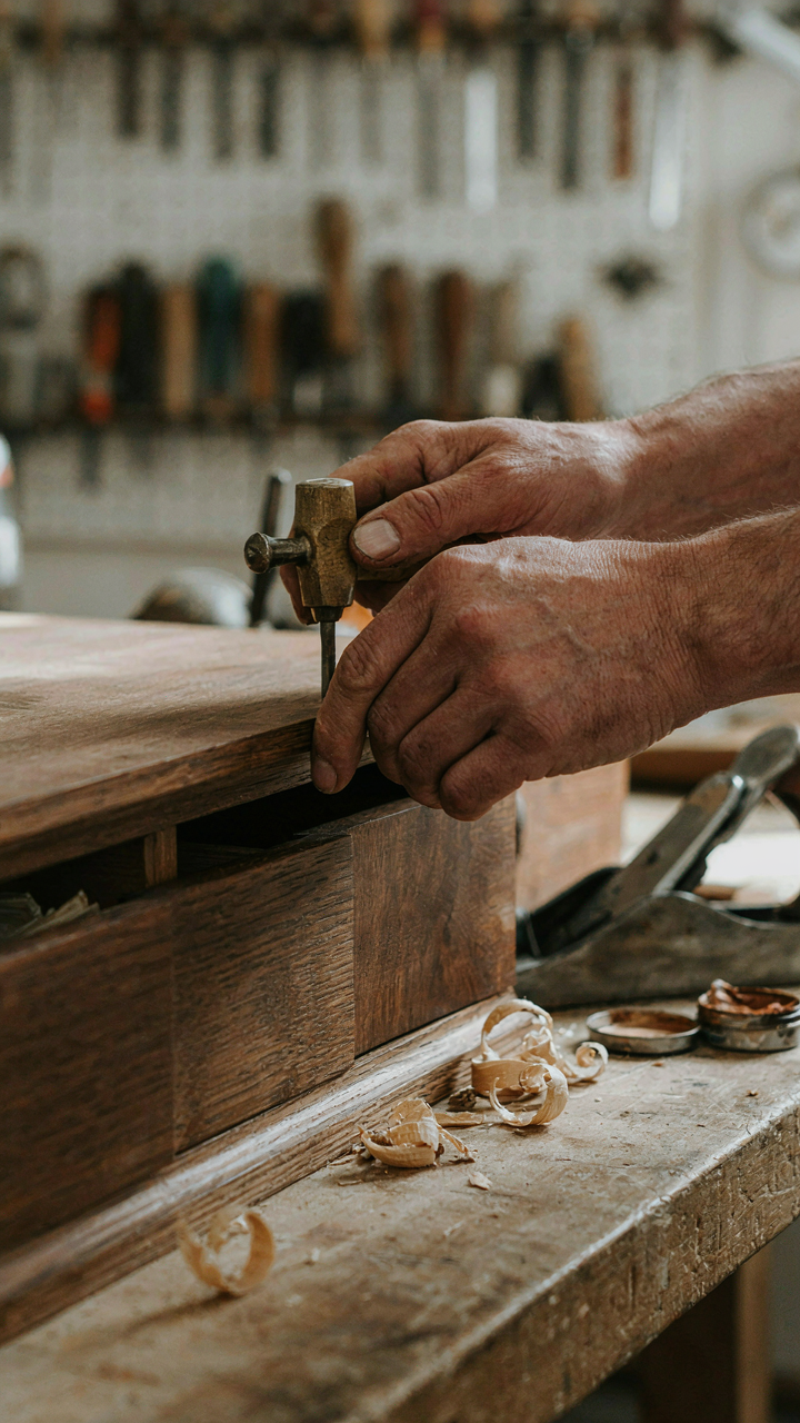 A craftsman restoring an antique wooden cabinet with traditional tools.