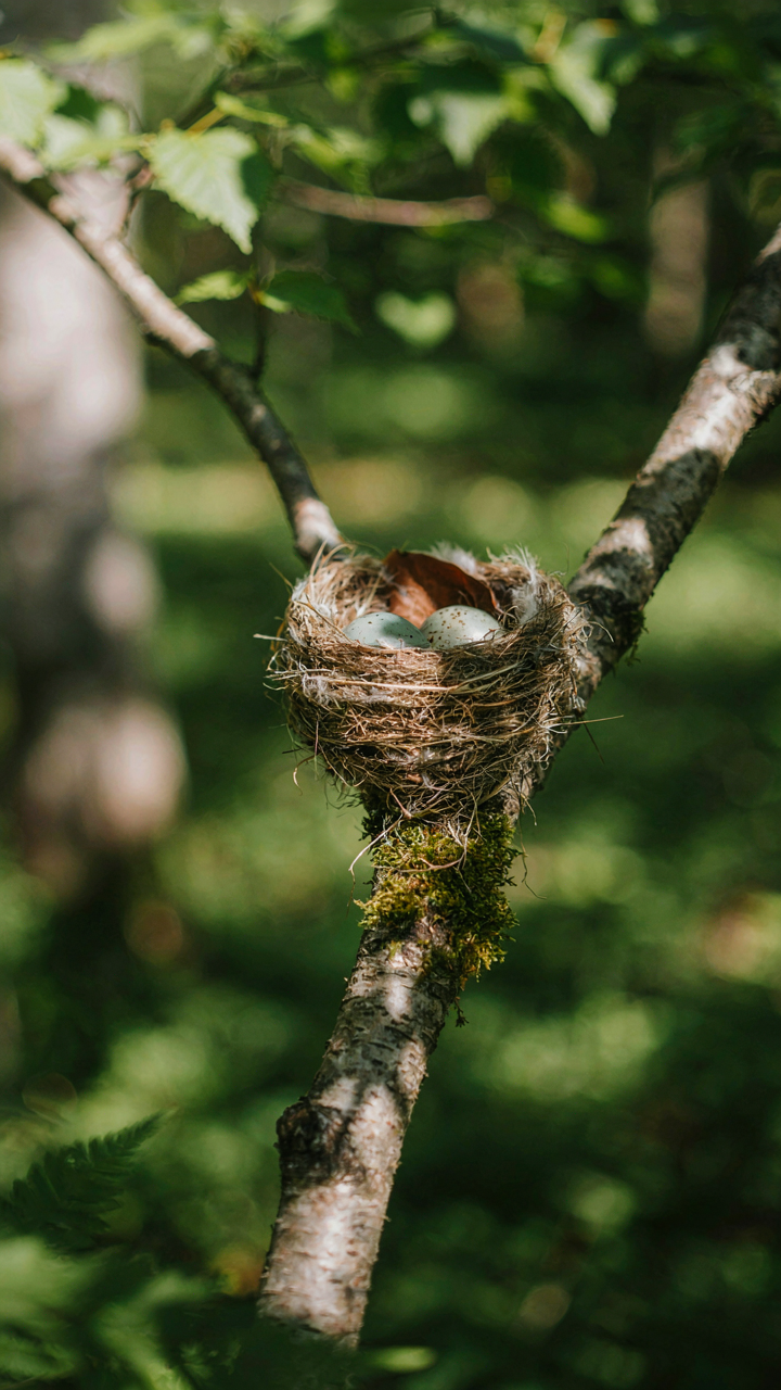 A small, sturdy bird's nest made from twigs and leaves, a resourceful home.