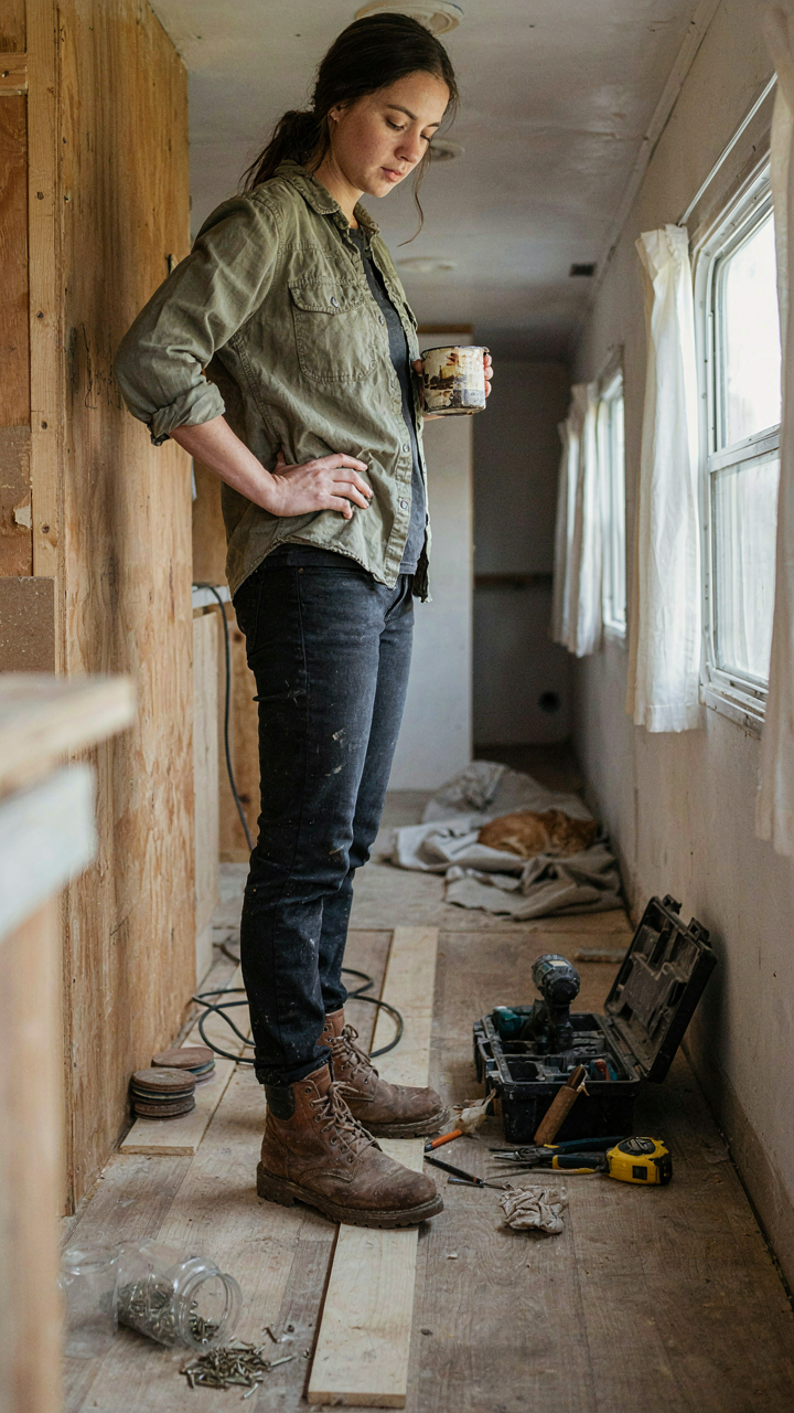 A person looks at a half-finished RV remodel, considering whether to proceed.