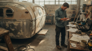 A partially restored vintage camper trailer in a workshop with tools and a person planning.