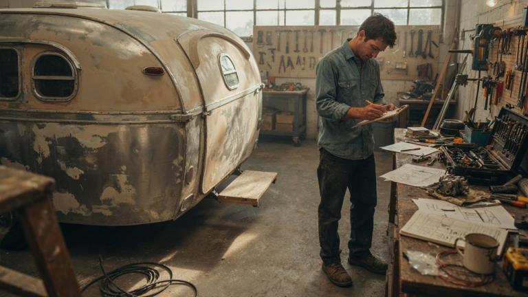 A partially restored vintage camper trailer in a workshop with tools and a person planning.