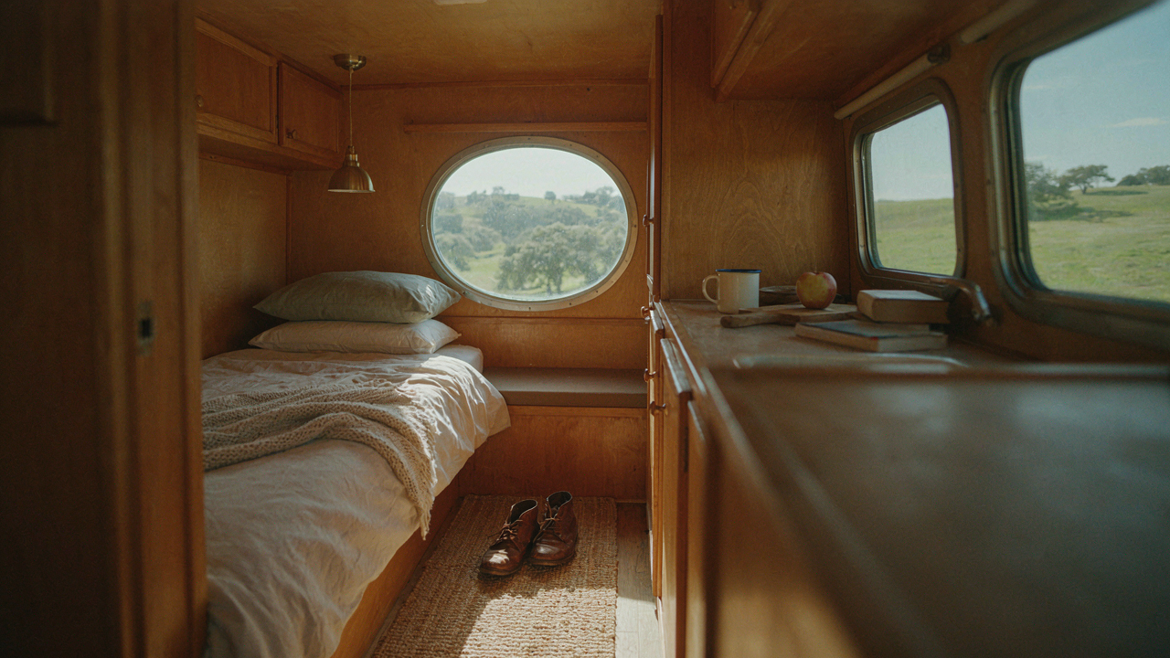 A comfortable bed inside a modern camper trailer, ready for a good night's sleep.