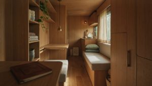 A modern camper trailer interior with smart, built-in storage solutions and wooden accents.