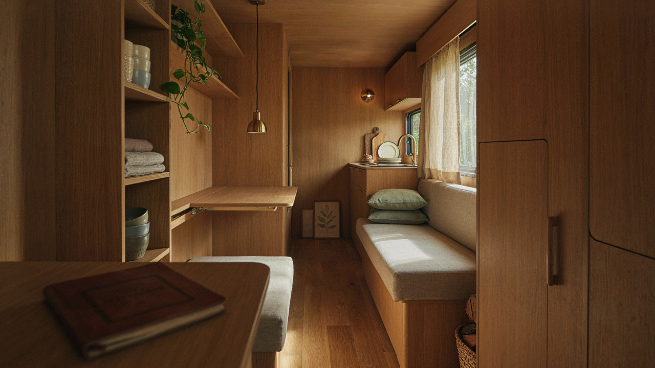 A modern camper trailer interior with smart, built-in storage solutions and wooden accents.
