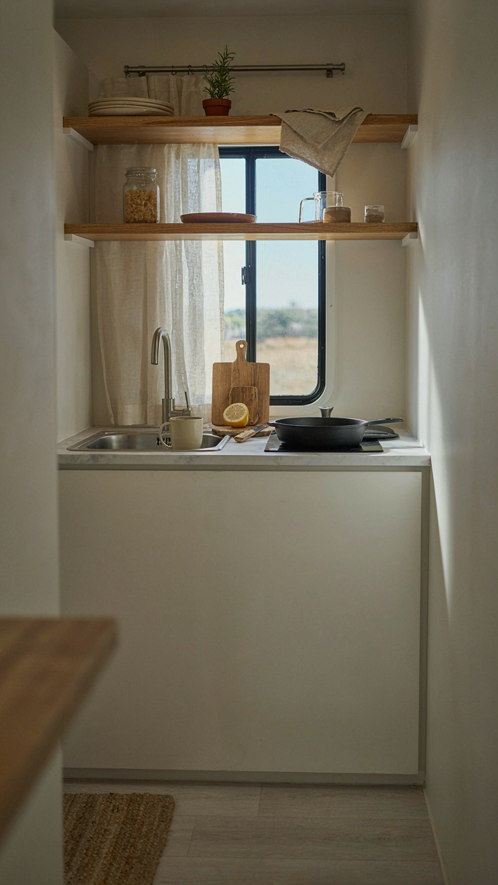 A clean, minimalist RV kitchen with only essential items neatly stored.