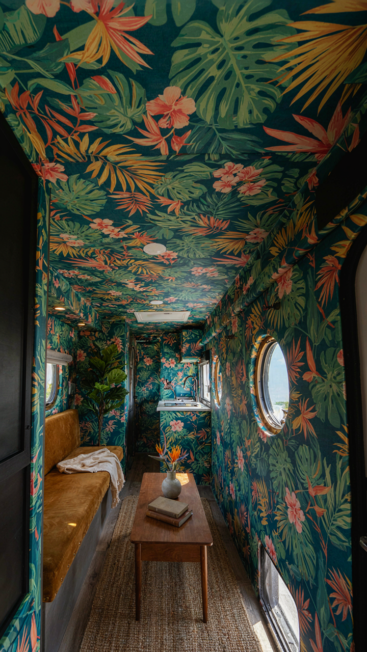 An RV interior with vibrant tropical-patterned wallpaper, showing rv wallpaper ideas.
