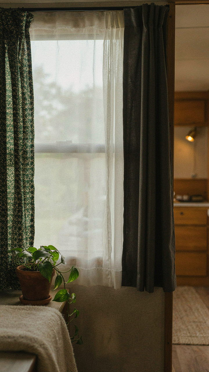A camper window shows sheer, patterned, and blackout curtain layers.