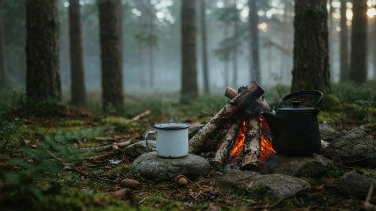 A steaming mug of coffee sits by a warm campfire in the early morning light.