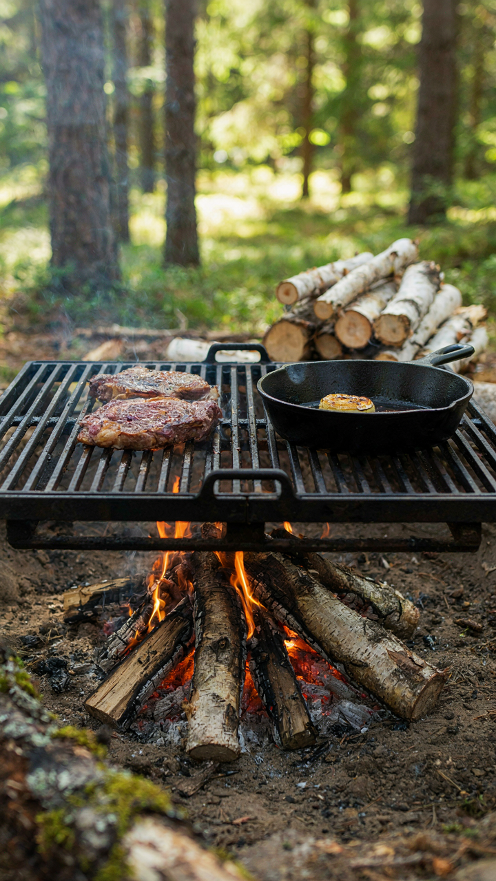 A strong metal grill grate sits over a campfire, ready for cooking.