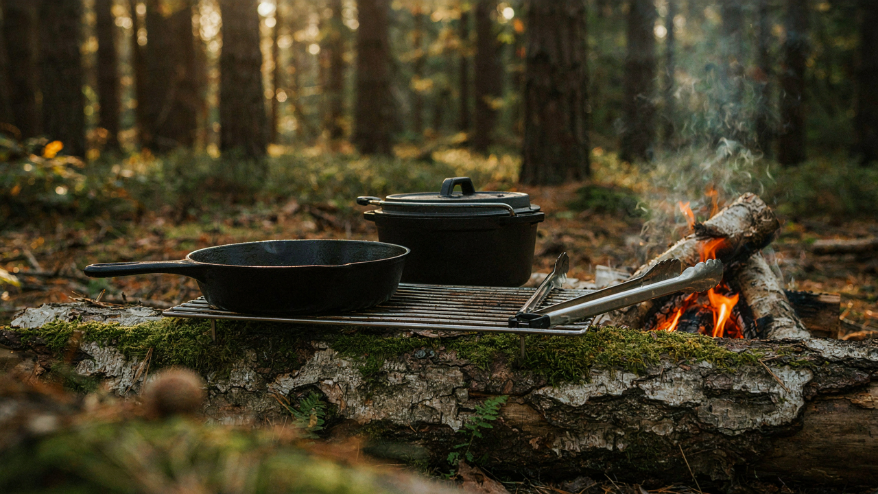Essential campfire cooking tools are ready next to a warm fire in the woods.