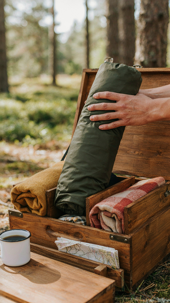 A hand easily pulling a sleeping bag from a camping crate with vertical dividers.