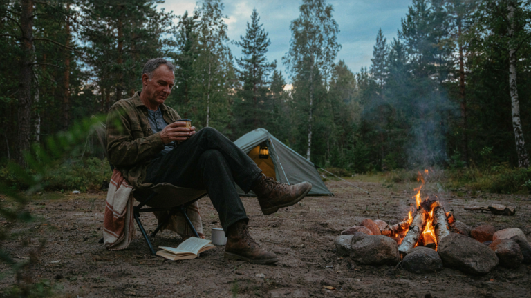 A calm campsite at dusk with a camper by a tent, smoke from a small fire, and no bugs.
