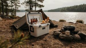 An open camping cooler with ice and food, surrounded by camping gear at a campsite.