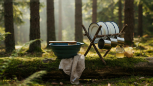 An organized camping dishwashing station set up outdoors in a forest.