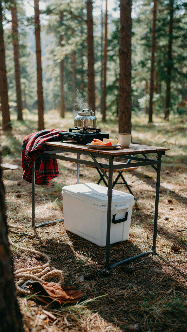 A versatile diy camp table serves as a central hub for a cooler and camp stove.