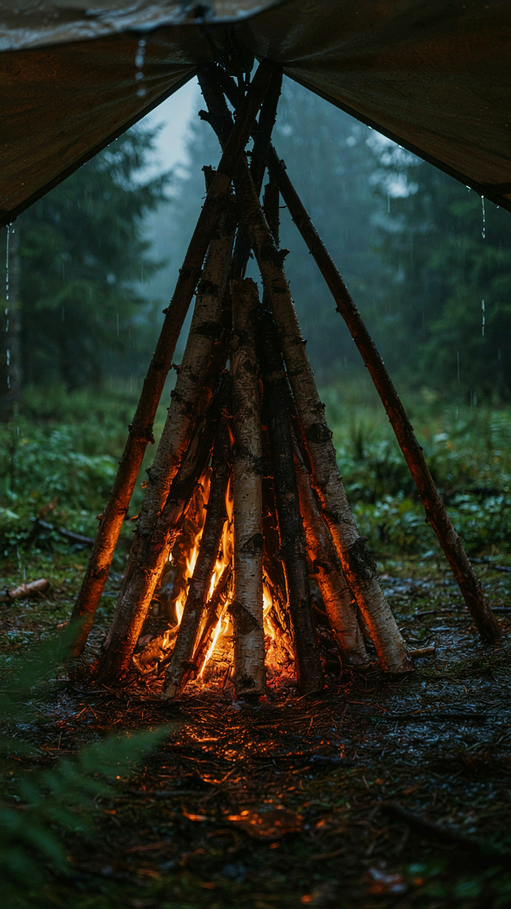 A small fire starts from cotton balls and split wood during rain.