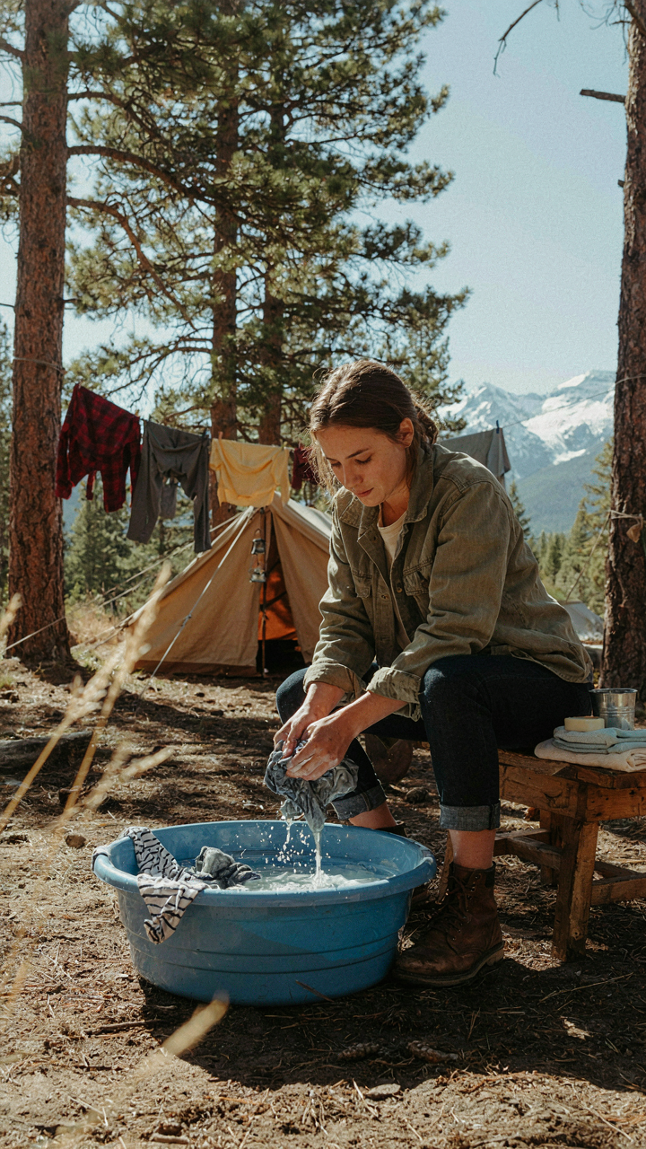 A person hand washing clothes in a basin at a rustic campsite.