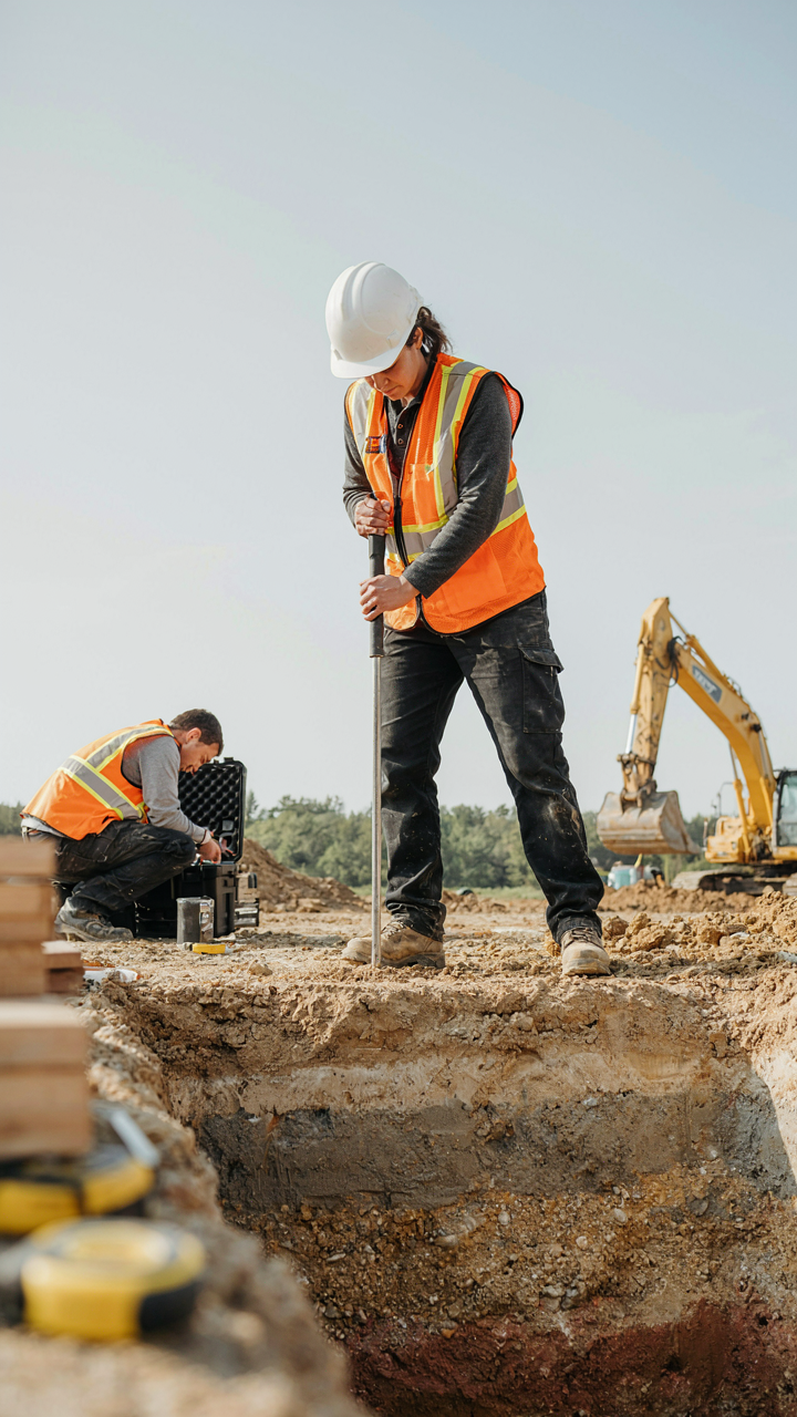 A soil engineer tests soil layers with a tool.