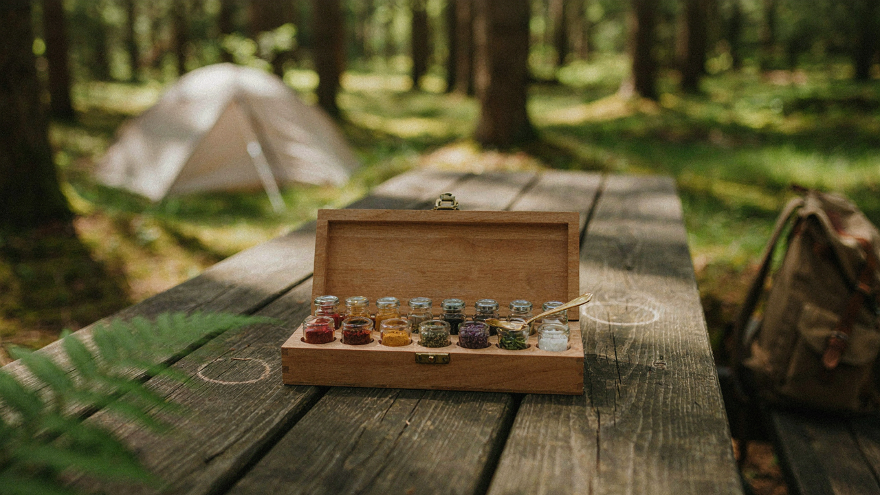 An open camping spice kit filled with small containers of colorful spices on a picnic table.