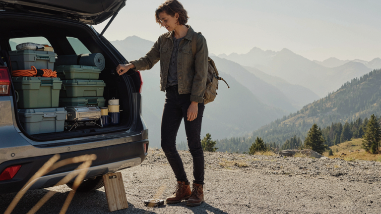 A car trunk is neatly packed with camping storage bins and equipment.