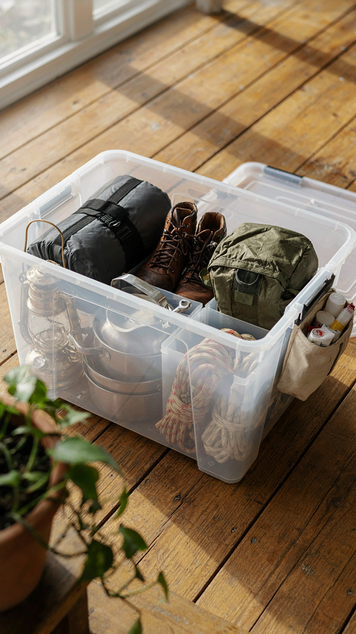A clear camping storage bin with dividers, showing gear separated into distinct internal sections.