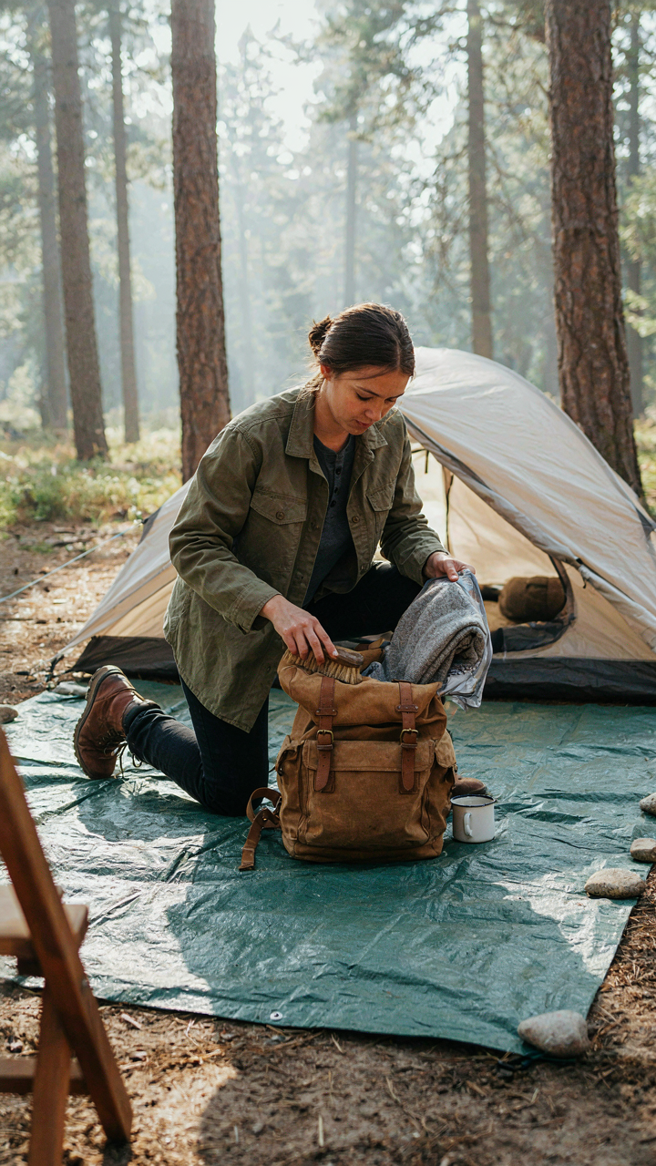 A camper inspects a backpack and shakes clothing into a bag, preventing bugs from entering a tent.