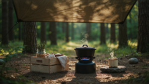 A minimalist campsite cooking station is neatly set up under a tarp in a forest.