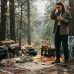 A messy campsite packed with too much gear, showing a person looking overwhelmed.