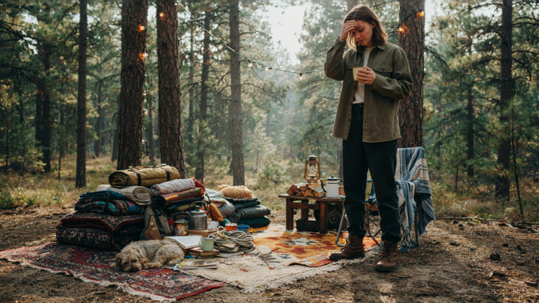 A messy campsite packed with too much gear, showing a person looking overwhelmed.