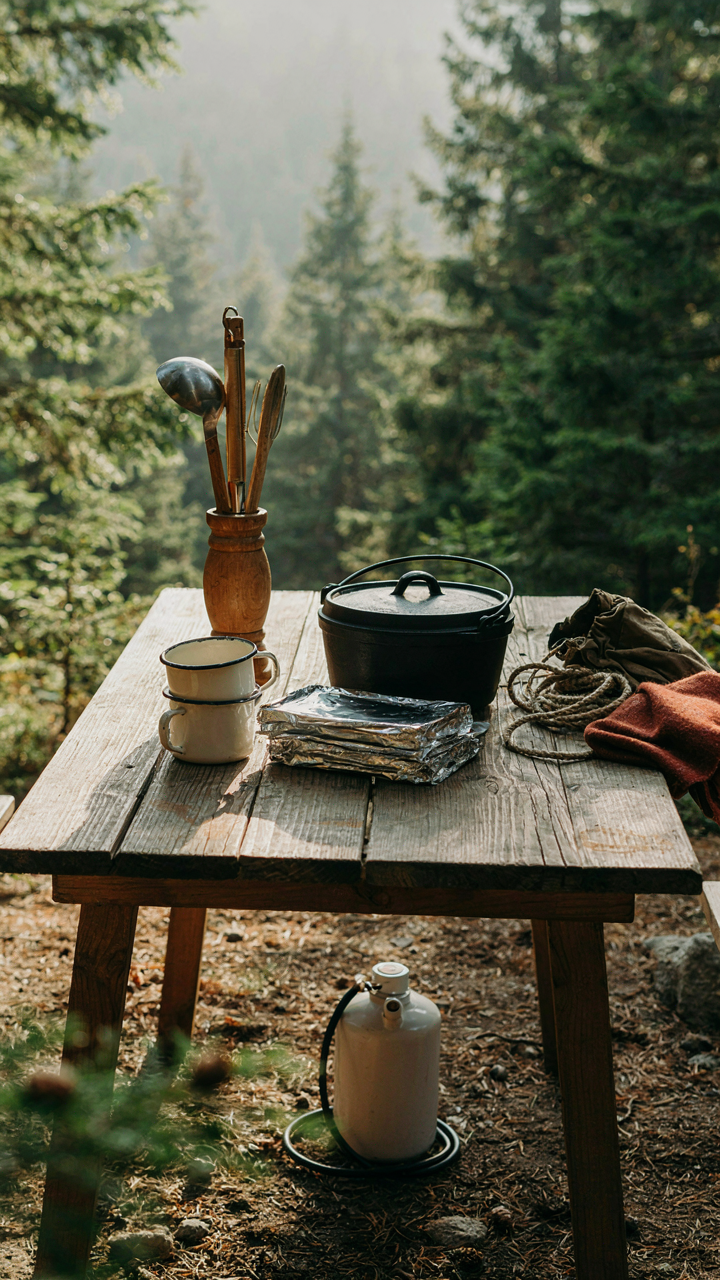 A well-organized camp kitchen with a table, utensils, and fuel storage.