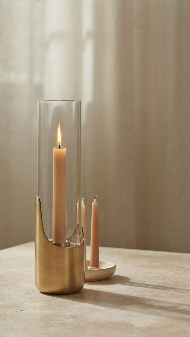 A candle is inside a sleek, tapered metal hurricane lamp.