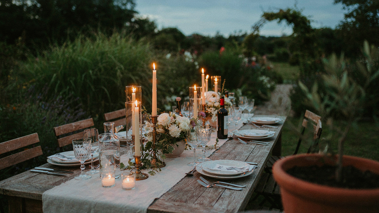 An outdoor dining table with lit candle centerpieces, some with glass covers.
