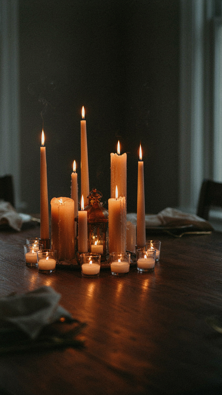 A centerpiece of varying height candles and lanterns glows on a dark wooden table.