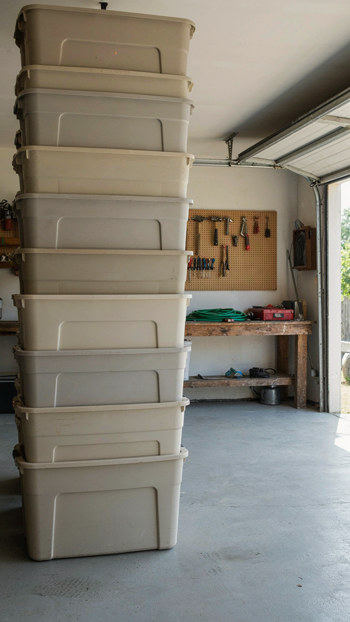 A garage wall holds several standard sized camping storage bins stacked high.