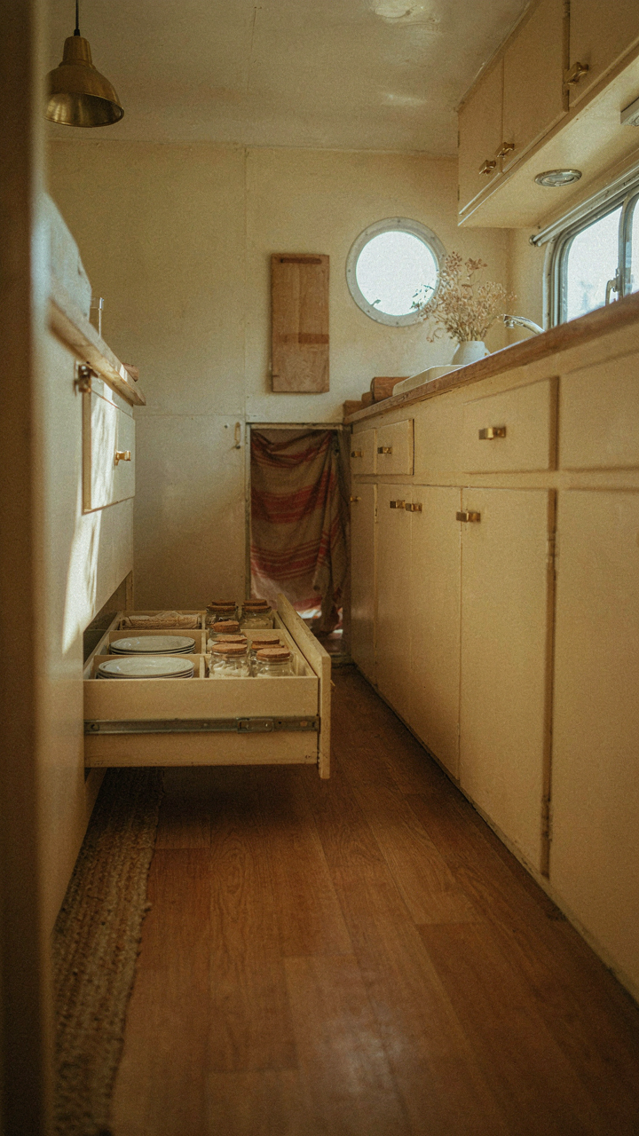 A vintage camper kitchen shows off clever, hidden storage with no clutter.