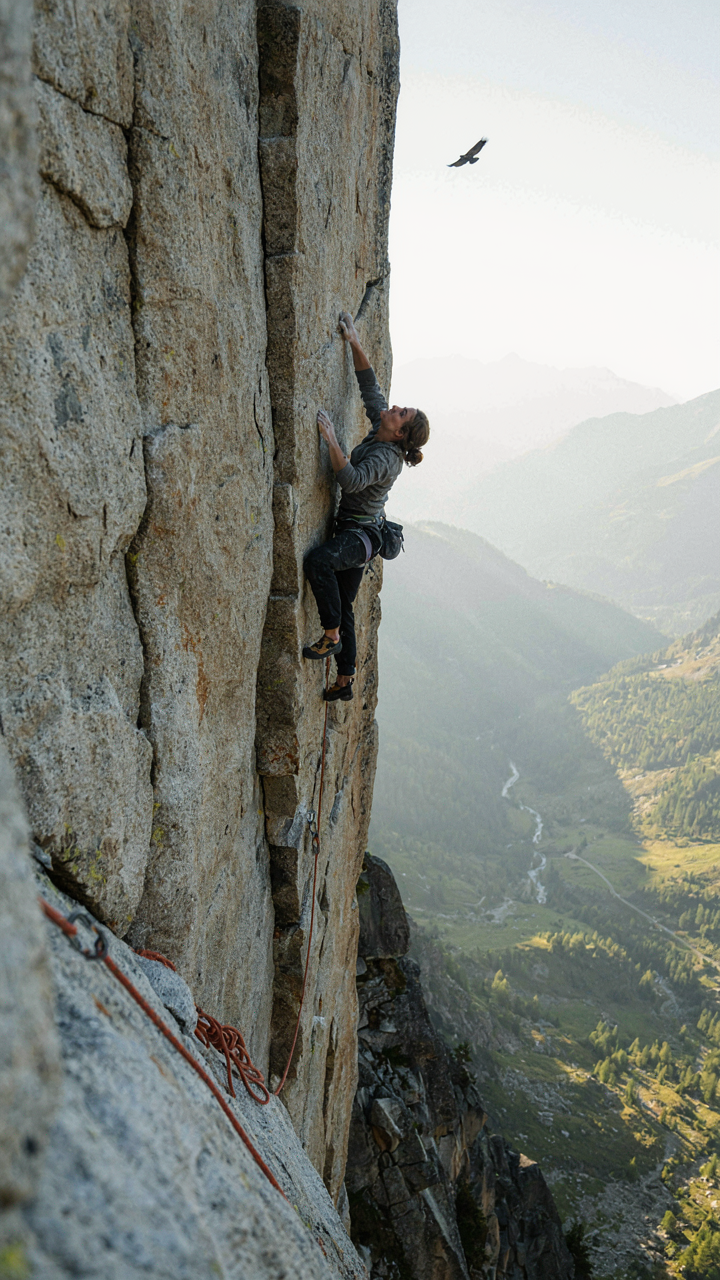 A rock climber scales a tall cliff face, showing vertical space use.