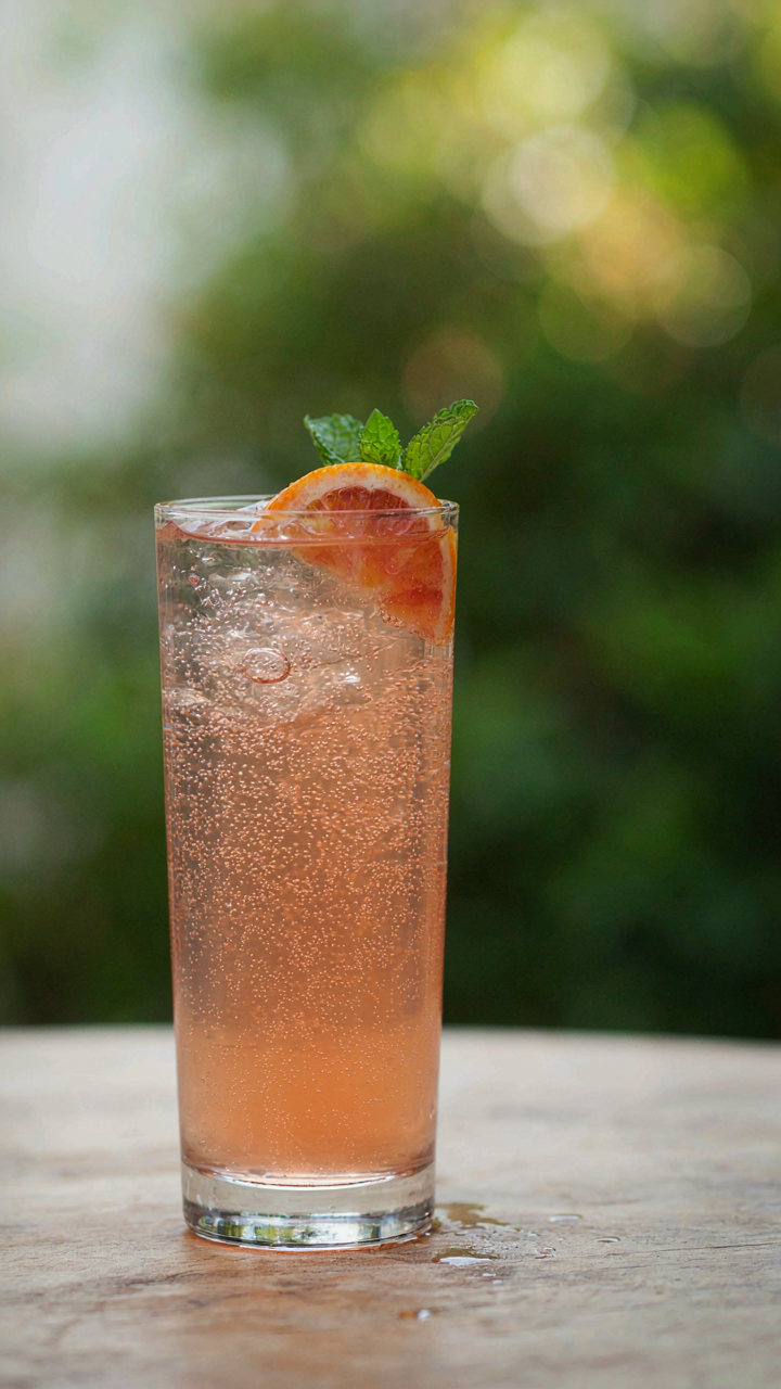 A tall glass of summer spritz mocktail with many bubbles rising.