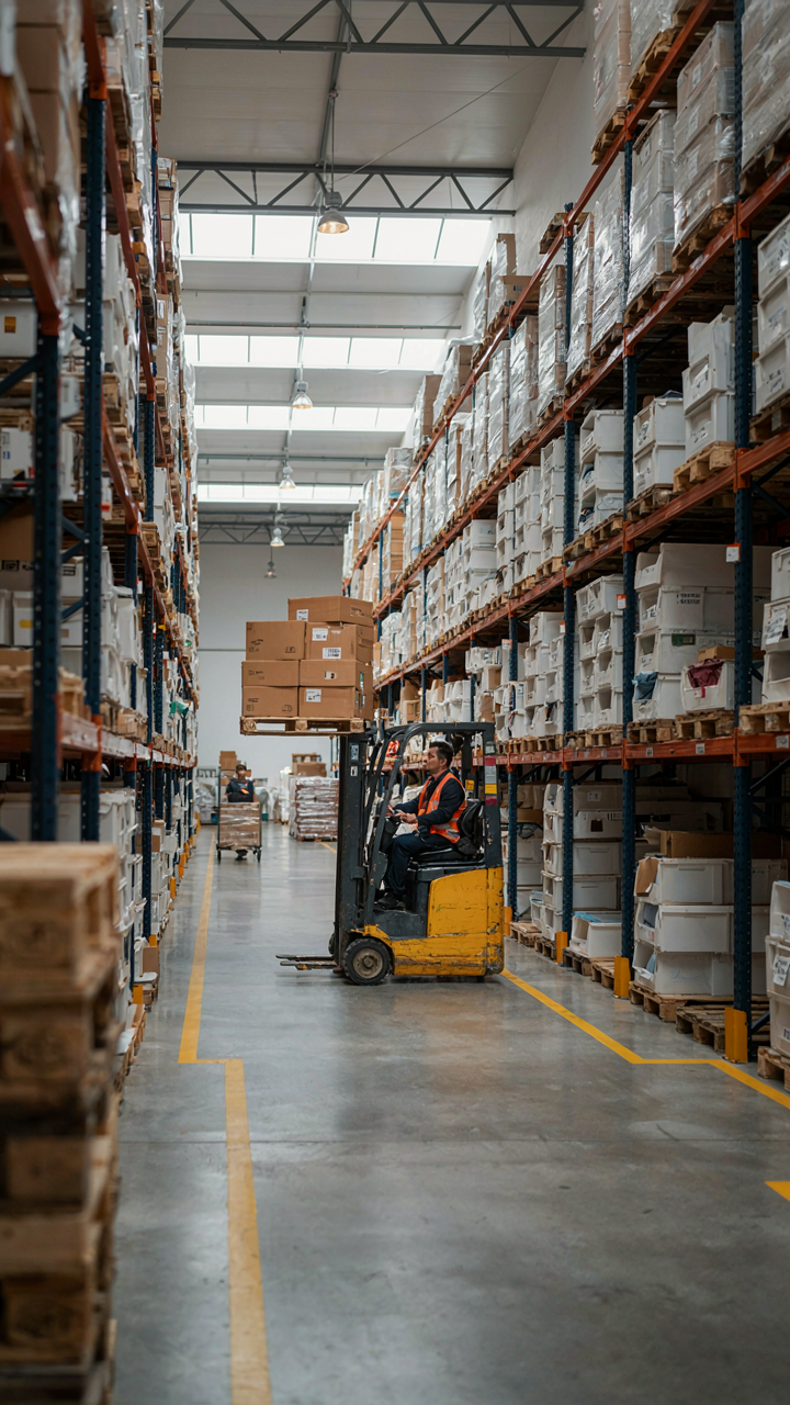 An organized warehouse with shelves and a forklift for logistics.
